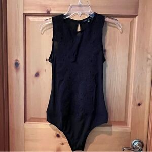 Haute Monde black sheer one piece swimsuit with overlays
